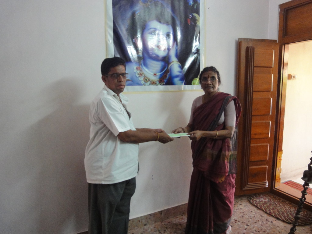 Mother of trustee, on behalf of Sriram Charitable Trust, provided educational aid to Sivagami’s (a cook by profession) children’s school annual fees.