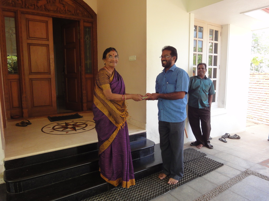 Mother of trustee, on behalf of Sriram Charitable Trust, donated educational aid to Paul Thiraviyum (a worker in a clinic) children’s school annual fees.