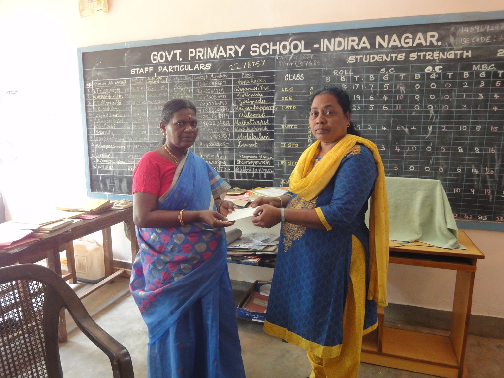 Trust representative handed over a cheque for toilet renovation for the Govt. Primary School, Indira Nagar, Puducherry.