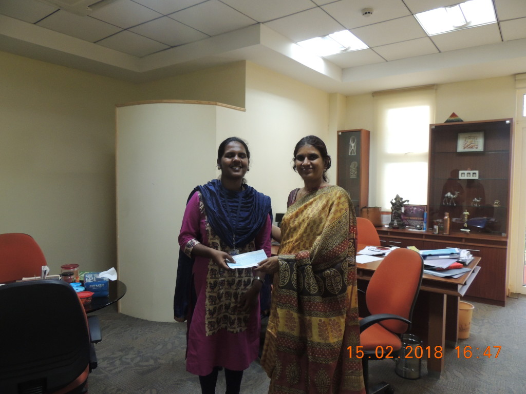 Mrs. Anu Sriram, managing trustee, sponsored education aid to an orphan girl’s annual fees for her BTech second-year session.