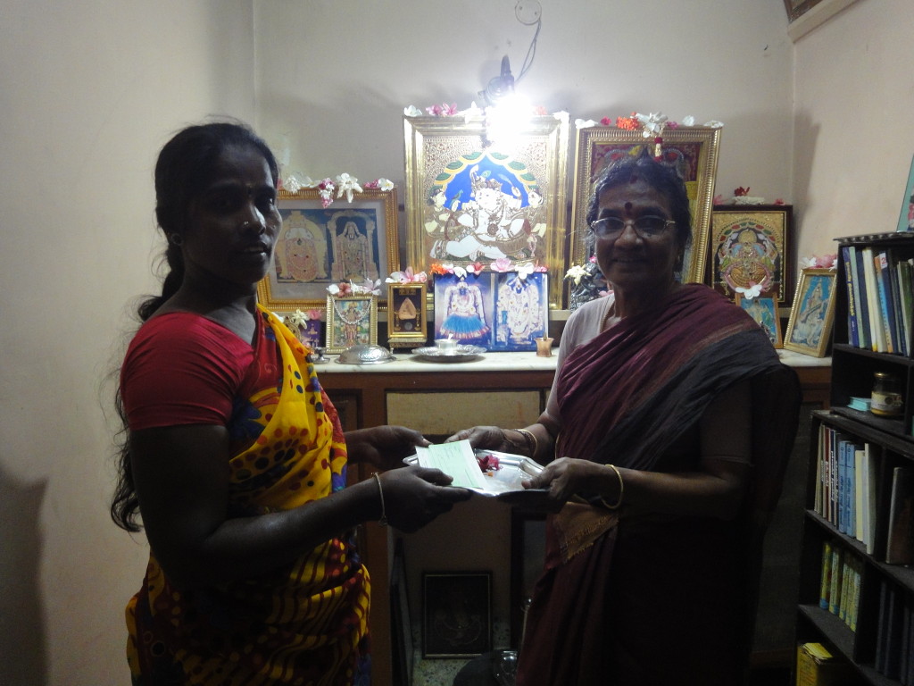 Mother of trustee, on behalf of Sriram Charitable Trust, donated educational aid to Jayalakshmi’s (a housekeeping staff) children’s college annual fees.