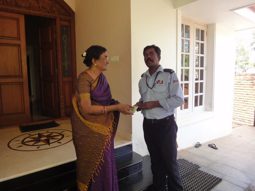 Mother of trustee, on behalf of Sriram Charitable Trust, provided educational aid to Sathish’s (a security guard by profession) children’s school annual fees.